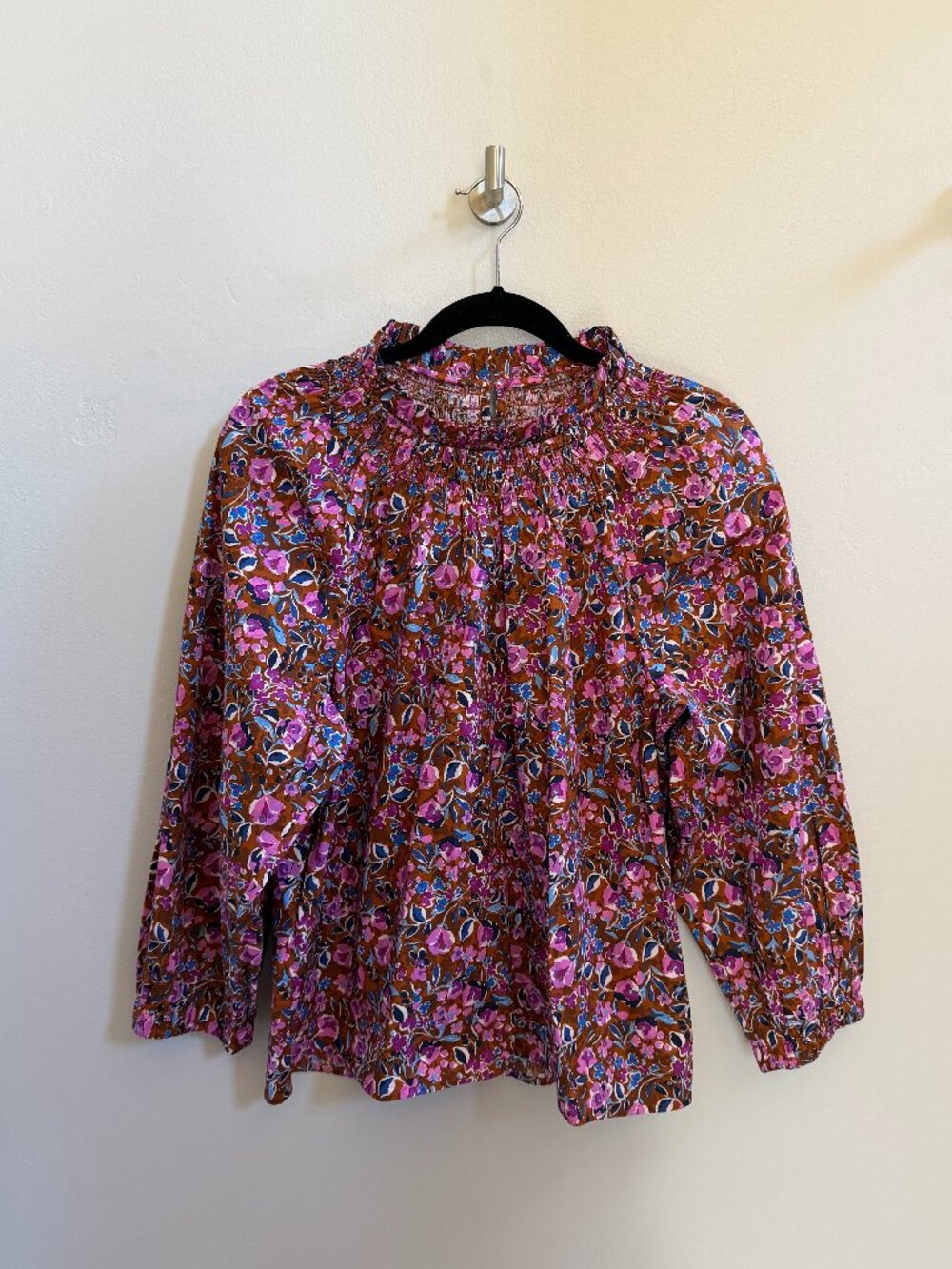 Floral Smocked Ruffle Neck Cotton Blouse